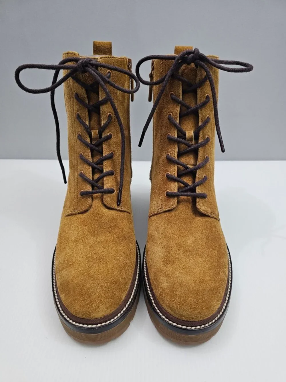 Tory Burch Miller 50mm Lug Sole Bootie Womens 9.5 Tan Suede Lace Up Combat NEW